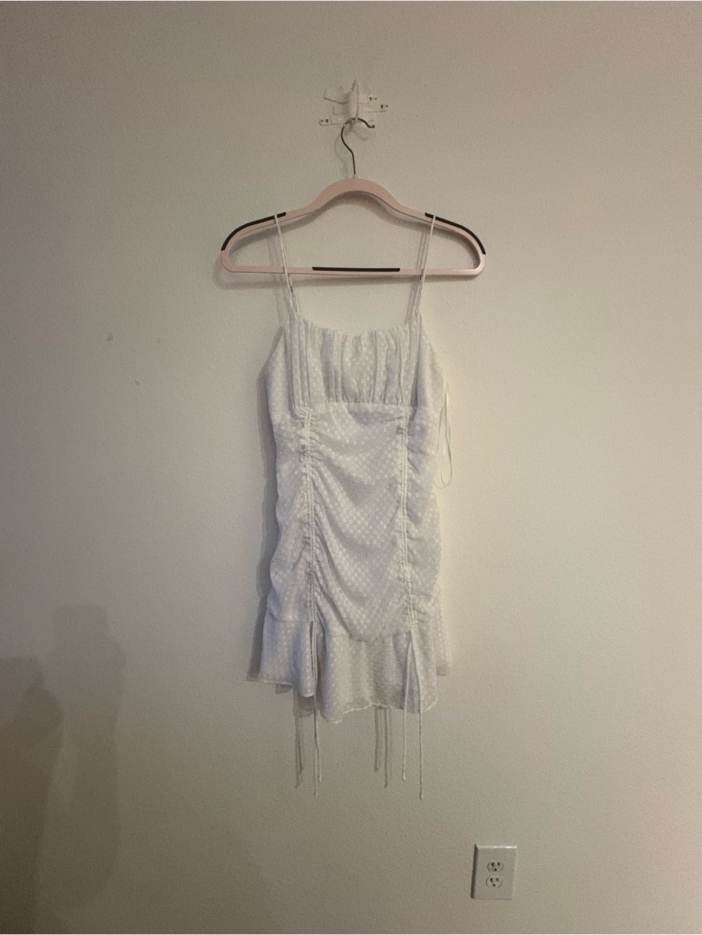 Cotton Candy White Swiss Dot Ruched Mini Dress